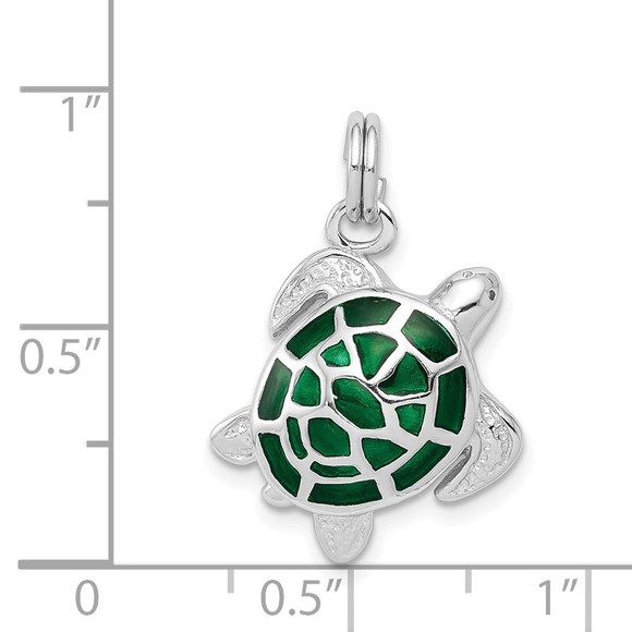 925 Sterling Silver Rhodium-plated Green Enamel Turtle Necklace Charm Pendant - Picture 4 of 4